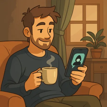 A bearded man sitting comfortably in an armchair, holding a steaming cup of coffee in one hand and a smartphone in the other. He smiles while looking at the screen, where an anonymous silhouette is displayed. The interior atmosphere is warm, with a plant, a curtain, and a window in the background.