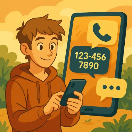 Smiling young man in a hoodie using his smartphone, with a large phone screen in the background displaying a call icon and a fake phone number (123-456-7890), in a stylish and warm outdoor setting.