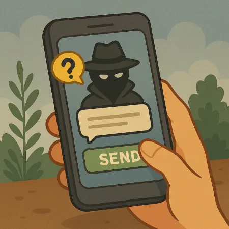 A hand holding a smartphone displaying a masked character in a raincoat and hat, representing an anonymous sender. A speech bubble with a question mark is visible, along with a green button marked 'SEND', suggesting the sending of an anonymous message.