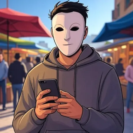 A young man in animated style wearing a white mask and a grey hoodie, looking at his phone in an outdoor market.