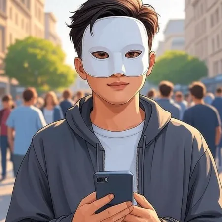 A young man in animated style wearing a white mask and a grey hoodie looks at the camera while holding a smartphone in a crowded street.