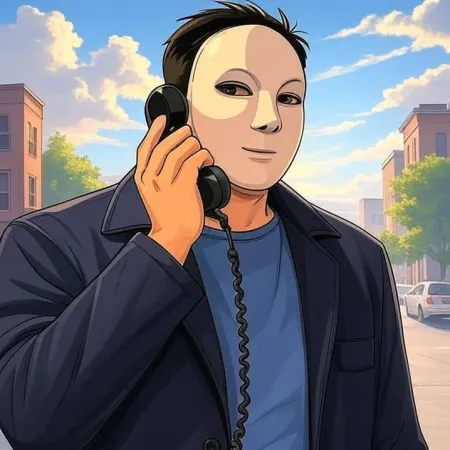 A man wearing a white mask, a dark jacket, and a blue t-shirt is speaking into the receiver of an old-fashioned black phone, with a city street in the background.
