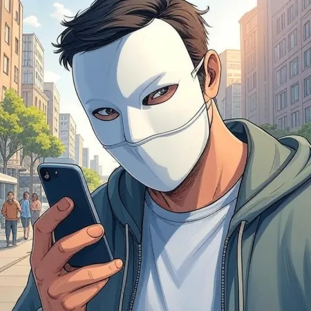 A man wearing a white mask and a hoodie looks at his mobile phone in a city street. The image is created in a cartoon or comic style.