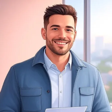 A smiling young man in casual professional attire in an office.