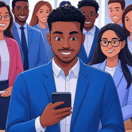 Illustration of a smiling young black businessman looking at his smartphone, with his team in the background.