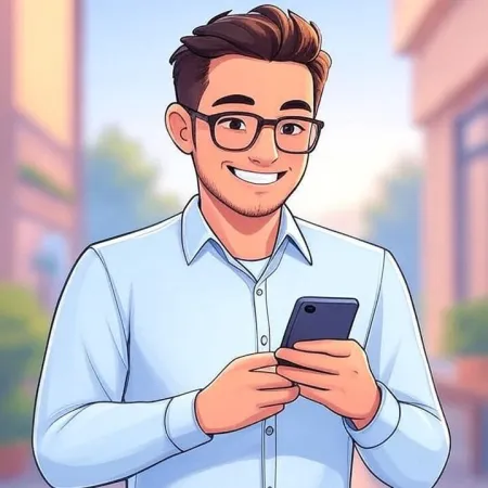 Smiling young man wearing glasses and a blue shirt, looking at his smartphone.