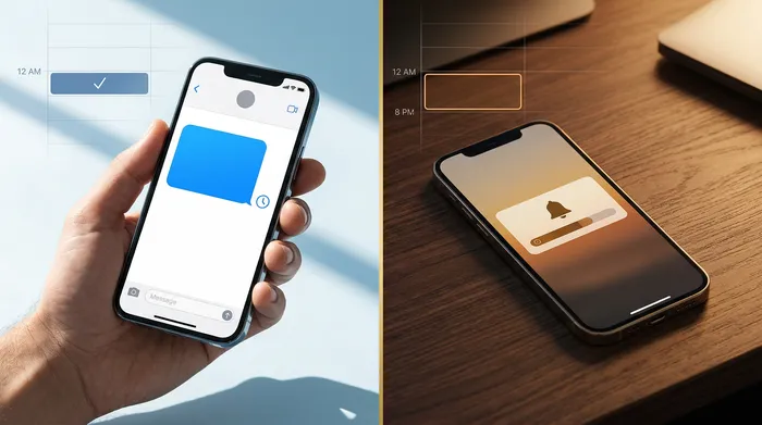 A smartphone displaying a messaging app sitting on a light wood hairdressing salon counter, with professional scissors and beauty products in the background.