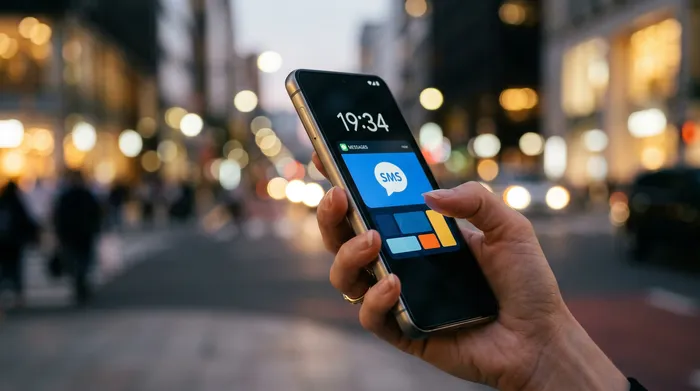 A person holding a smartphone displaying a messaging app, sitting at a desk with a laptop, a notebook, and a cup of coffee.