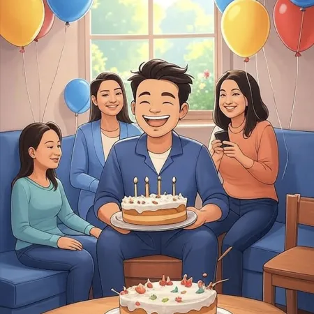 Smiling man holding a cake with five candles, surrounded by loved ones in a room decorated with colorful balloons.