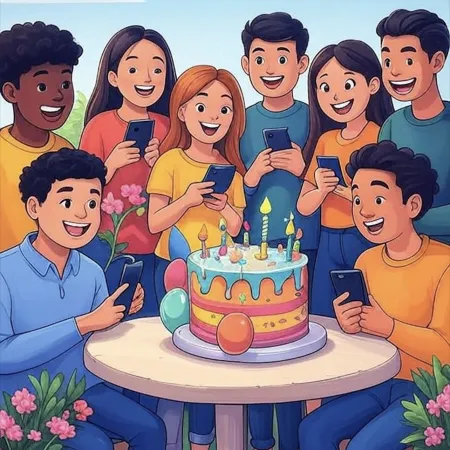 Group of smiling young people surrounding a colorful birthday cake with candles, balloons, and decorations, all holding their phones.