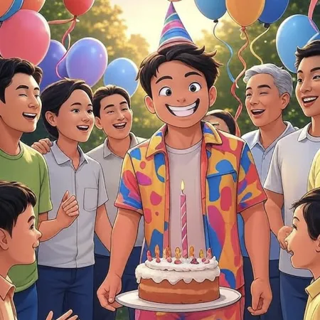 Smiling boy wearing a party hat holding a unique birthday cake with a candle, surrounded by guests and colorful balloons outdoors.