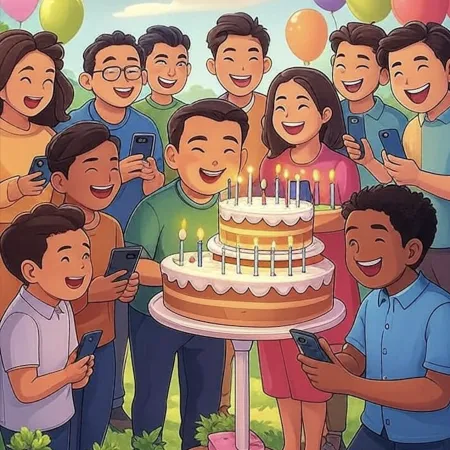A group of smiling people surrounding a large two-tiered cake with several lit candles, all taking photos with their phones.