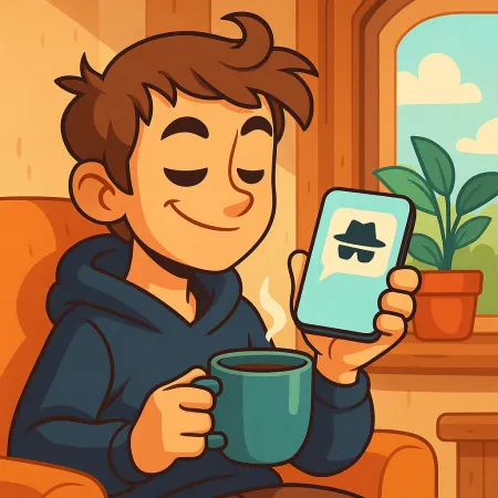 Illustration of a smiling young man, sitting comfortably with a cup of coffee, holding a smartphone displaying an anonymous message icon with a hat and black sunglasses