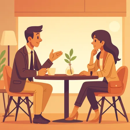 Illustration of two people discussing face to face in a café, a man in a suit and a woman in smart casual attire, sitting at a table with a small plant in the center