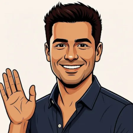 Cartoon-style illustration of a smiling brown-haired man wearing a navy blue shirt, raising his right hand to greet.