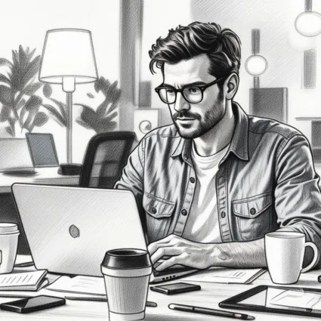 Sketch-style illustration of a focused man working on his computer.